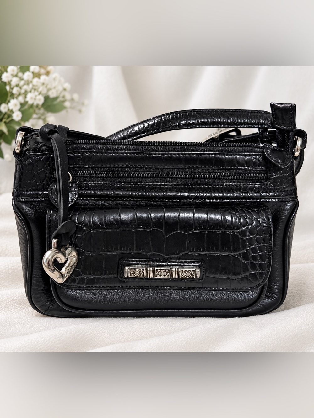 Brighton Black Croc-Embossed Shoulder Bag with Heart Charm